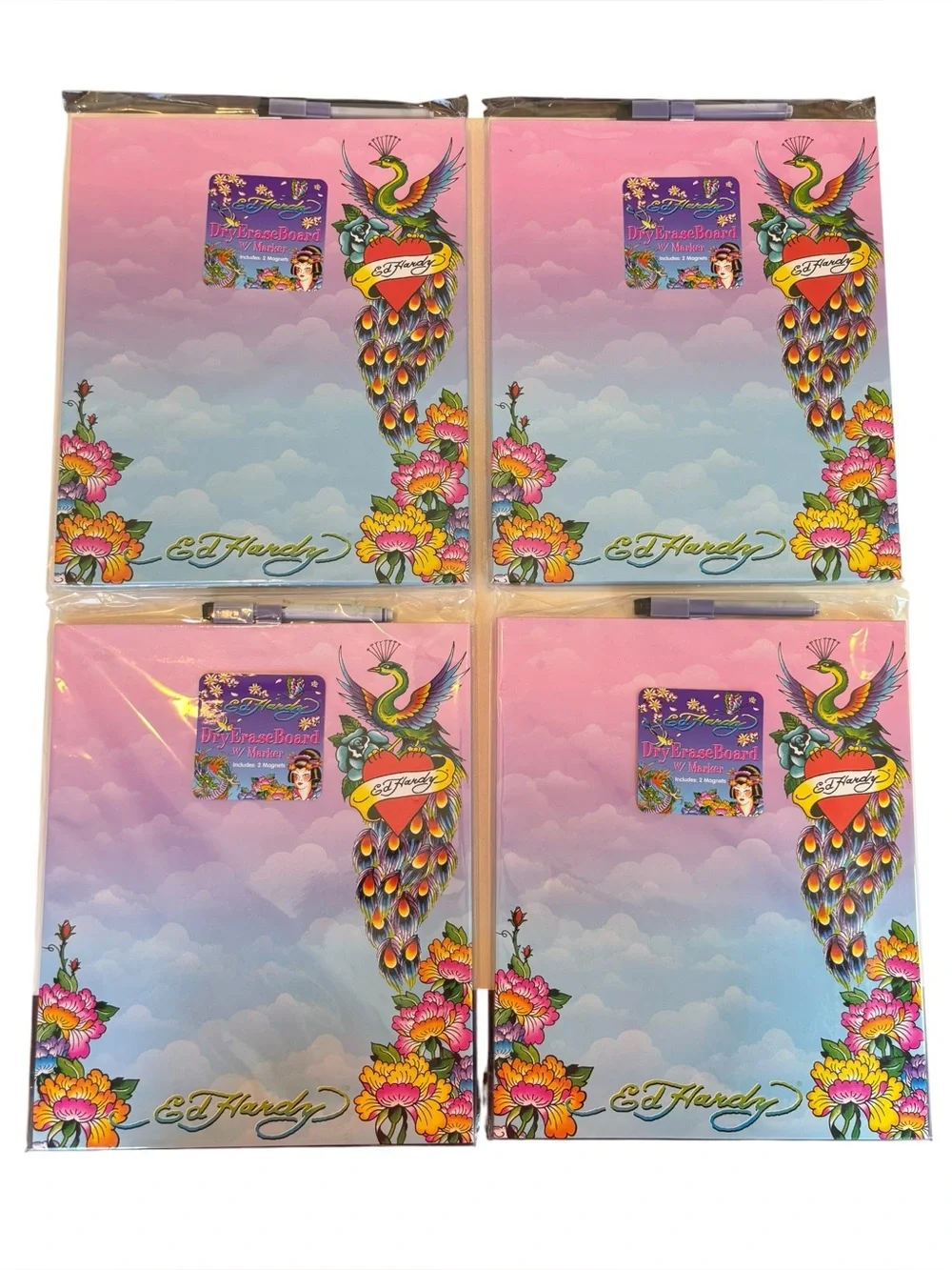 4 NEW Ed Hardy Peacock Dry Erase Boards Sealed Marker Magnets Y2K